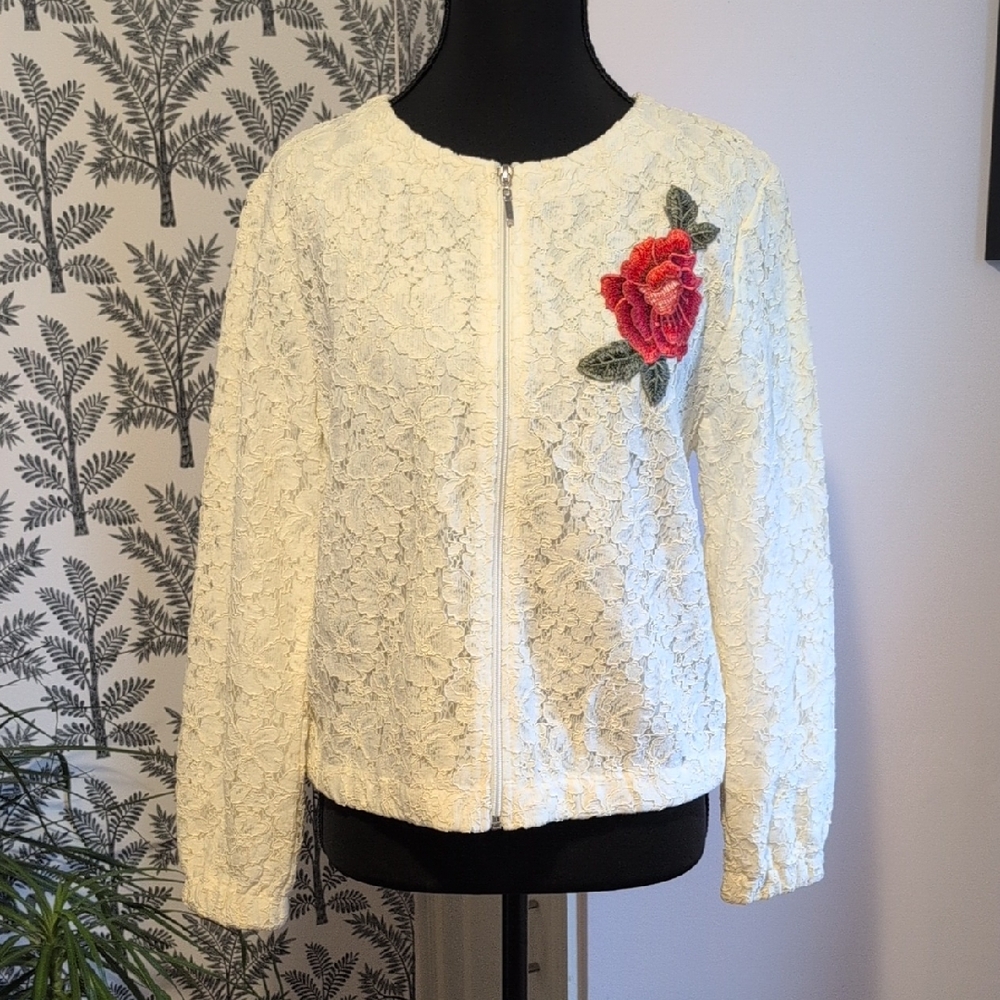 NWT! Adiva Cream Lace Bomber Jacket with Red Floral Accent